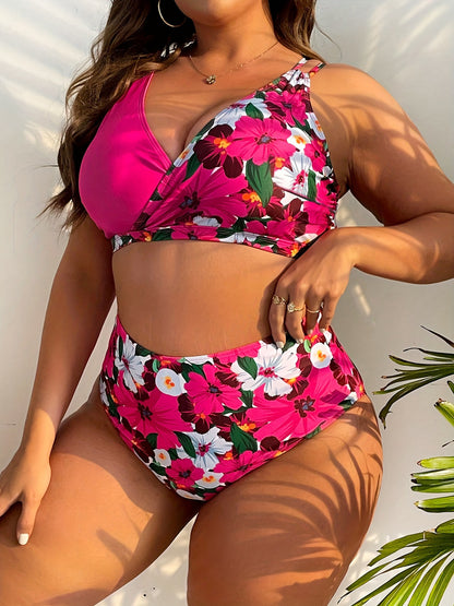 Plus Size Floral Wrap Bikini Set with High-Waisted Bottoms