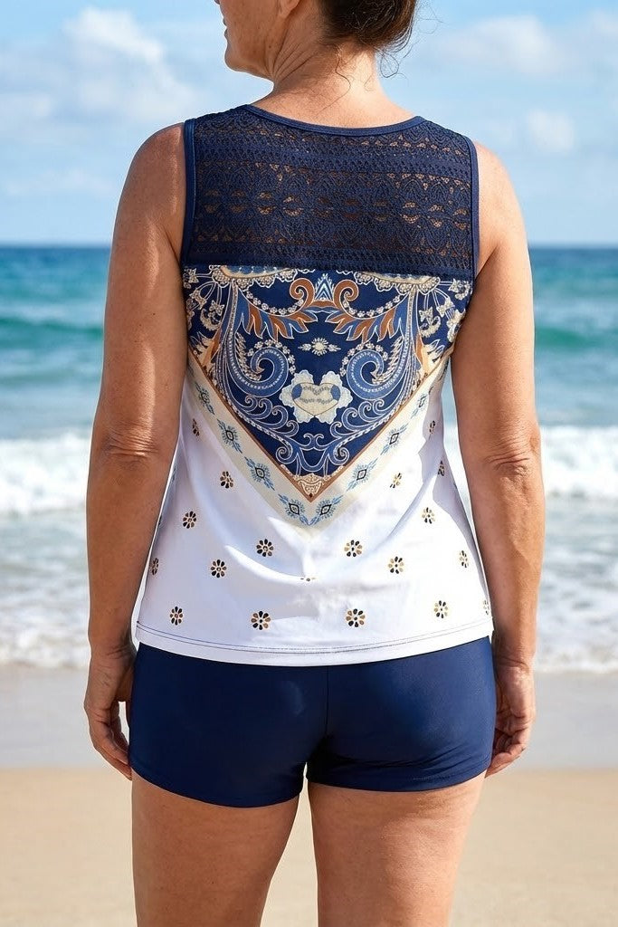 Plus-Size Lace-Back Crisscross Tankini Set with Boyleg Shorts